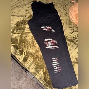 Black Ripped Leggings with Plaid Accents